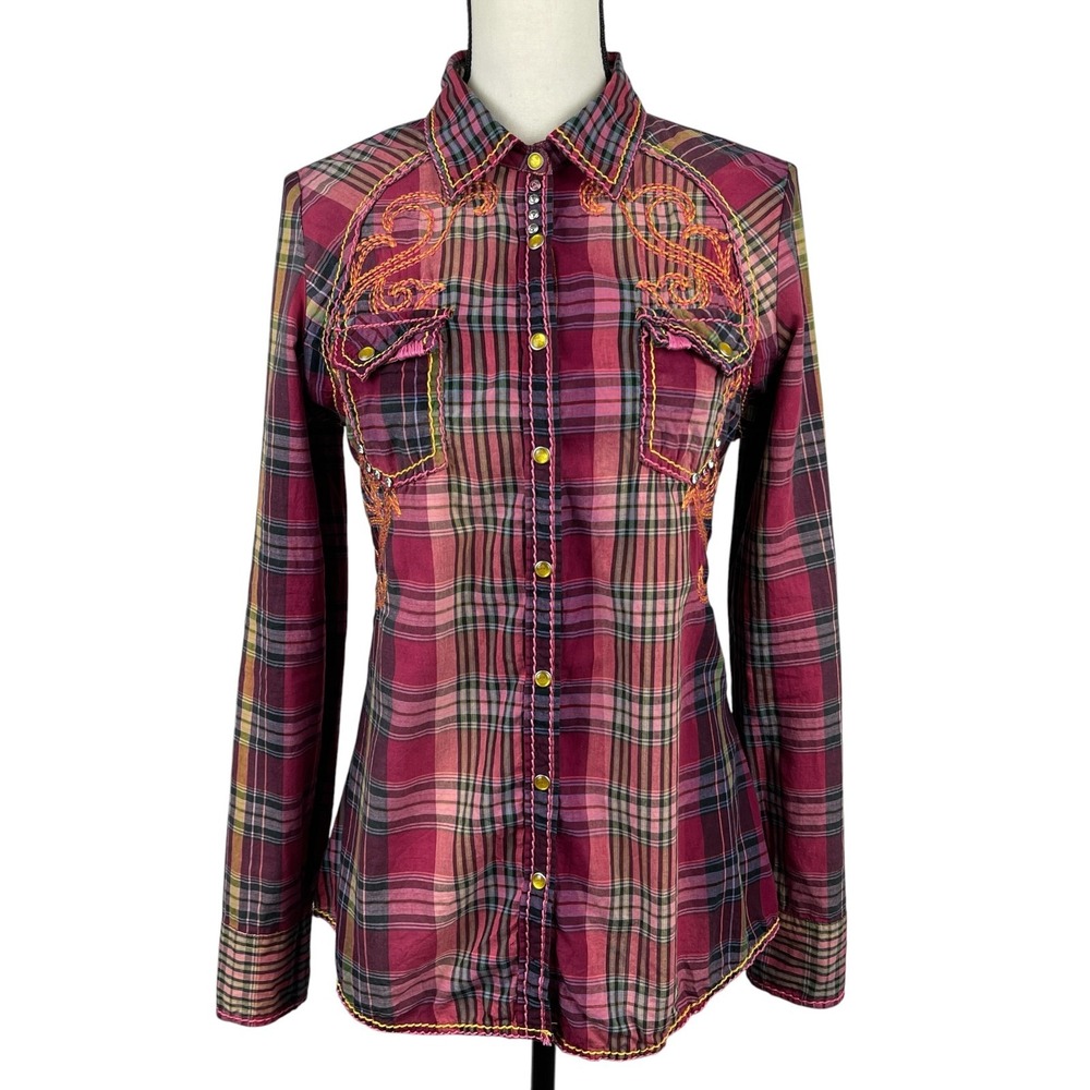 Roar Women's Plaid Western Shirt Large Pink Embroidered Rhinestone Button-Up